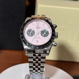Tudor Men's Silver and Pink Chronograph Watch